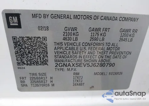 2018 Chevrolet Equinox Lt z USA, uszkodzony, nr VIN 2GNAXSEV5J6280790